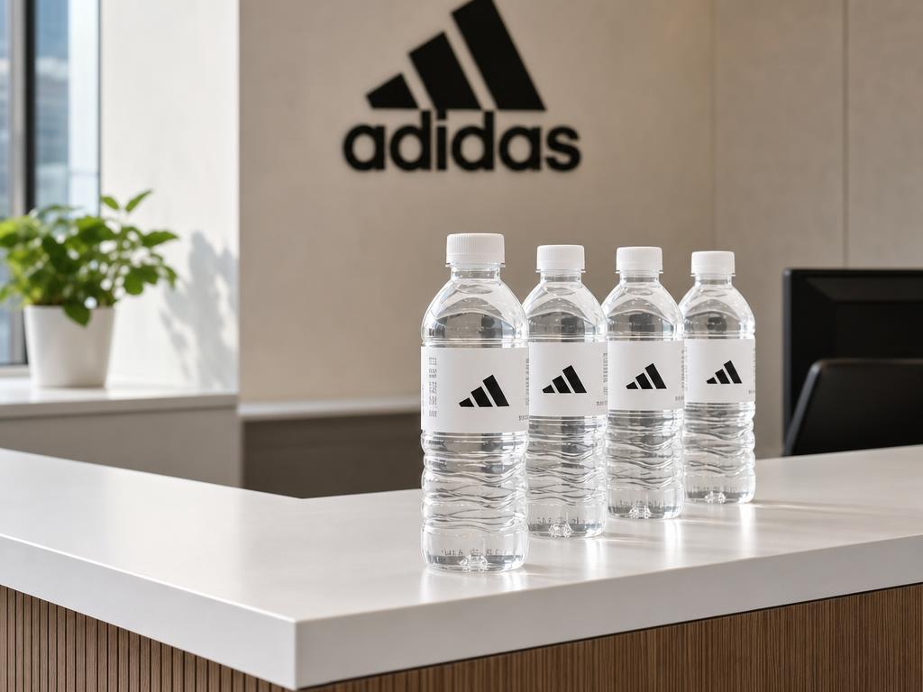 Garrafas PET personalizadas Adidas em recepção corporativa